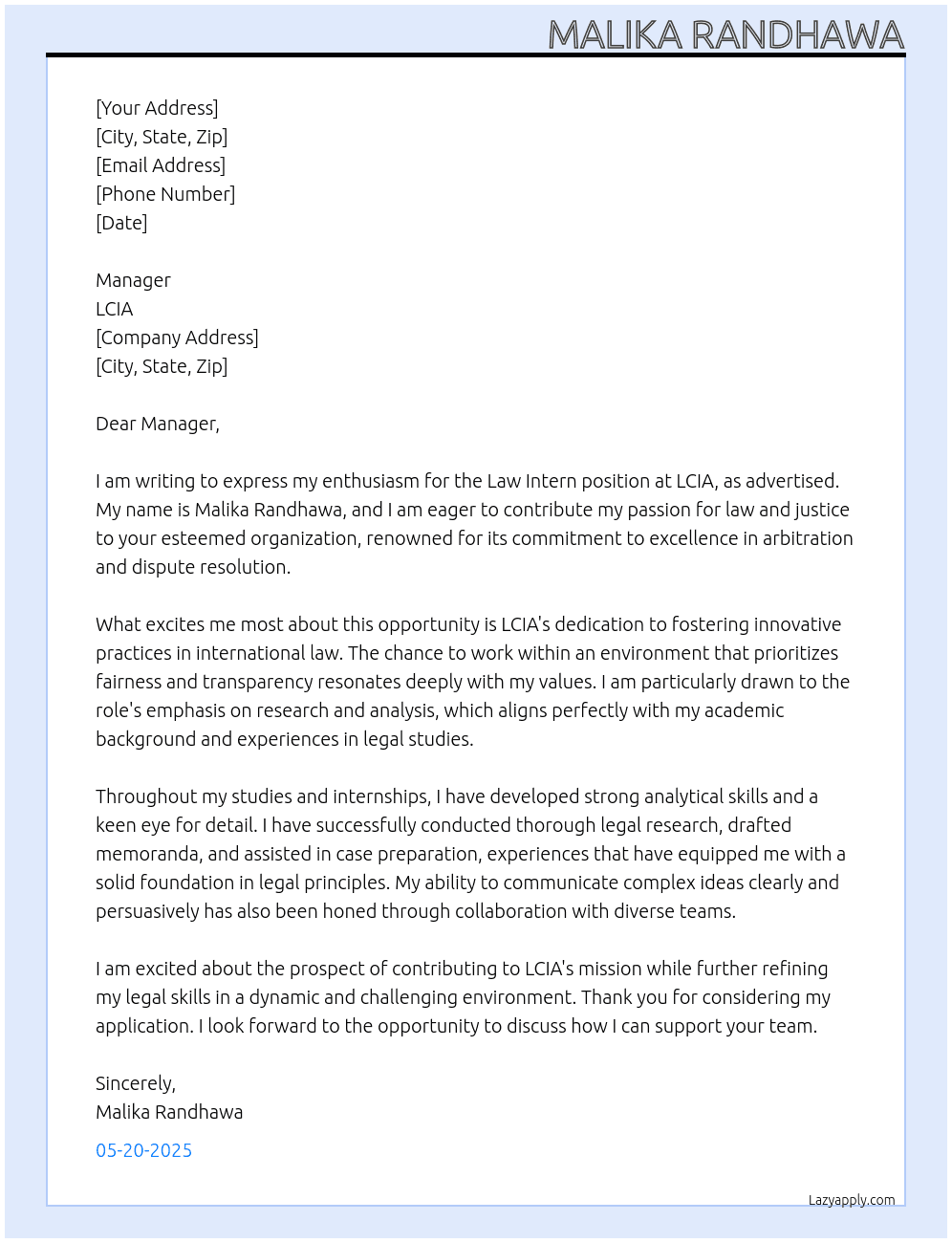 Law intern  At LCIA Cover Letter