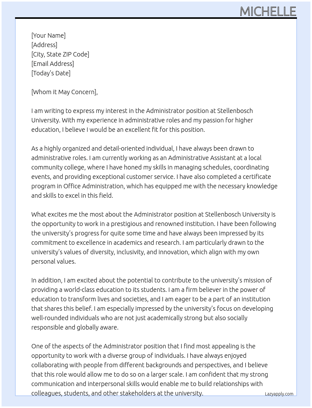 Administrator At Stellenbosch University Cover Letter