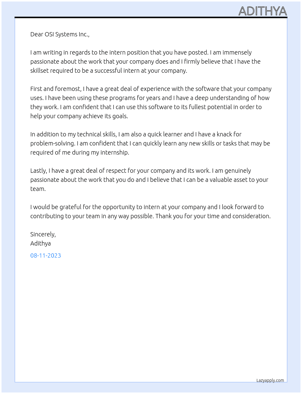 Intern At OSI SYSTEMS Cover Letter
