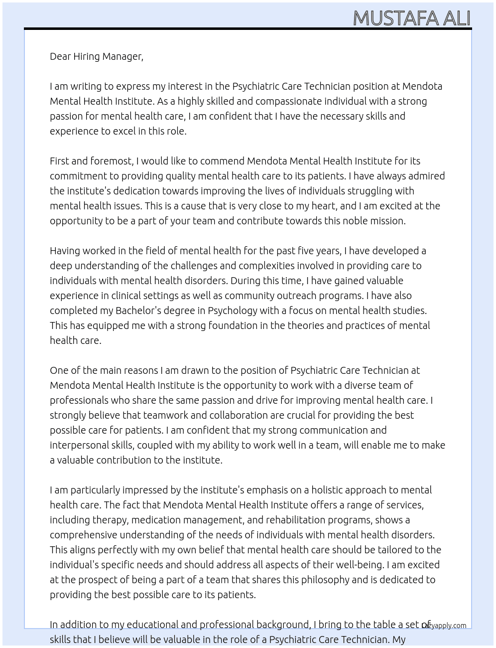 Psychiatric Care Technician  At Mendota Mental Health Institute Cover Letter