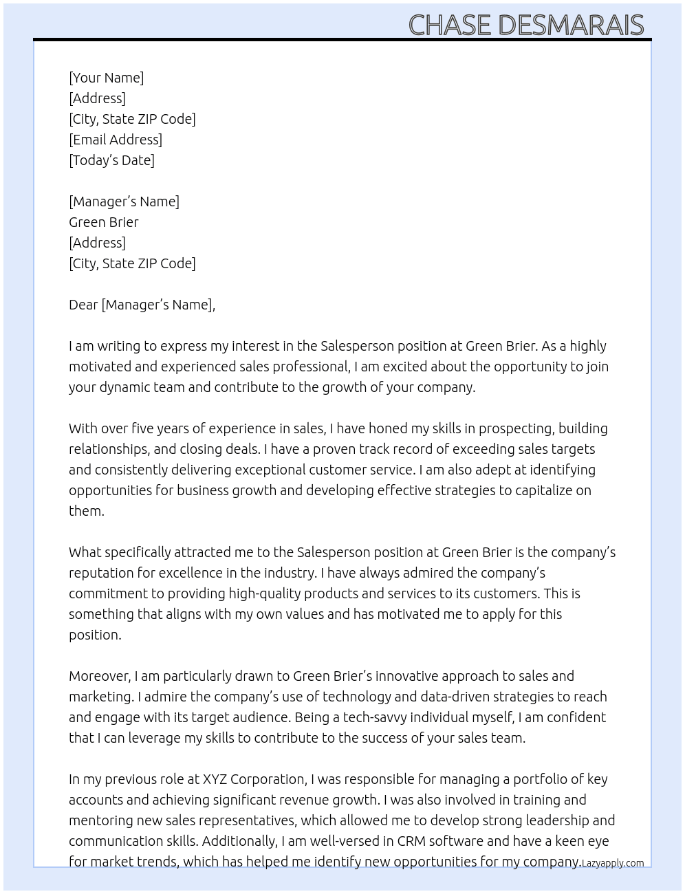 Salesperson  At Green Brier  Cover Letter