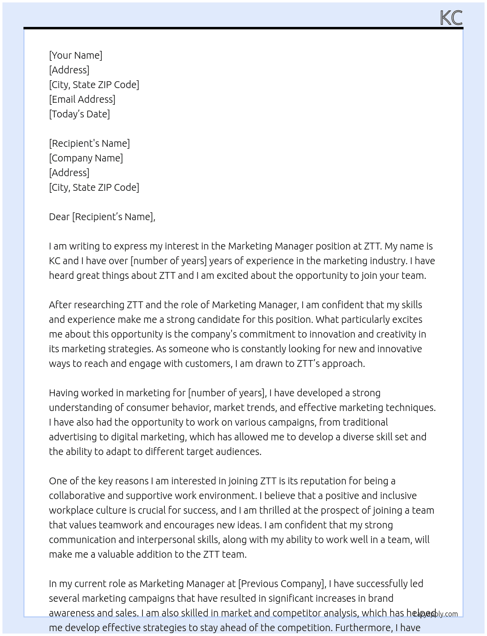 marketing manager At ztt Cover Letter