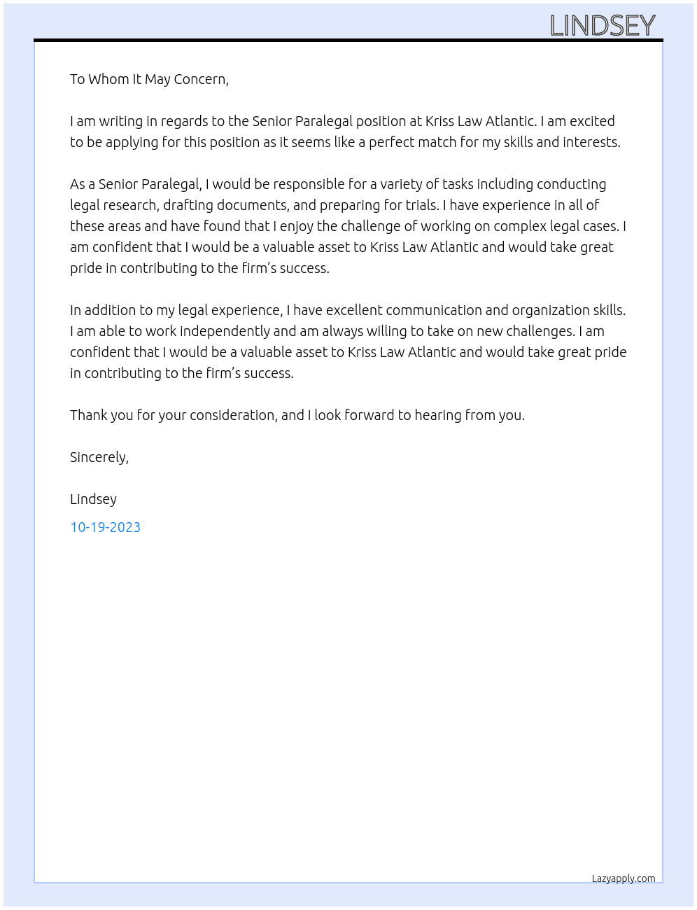 Senior Paralegal At Kriss Law Atlantic  Cover Letter