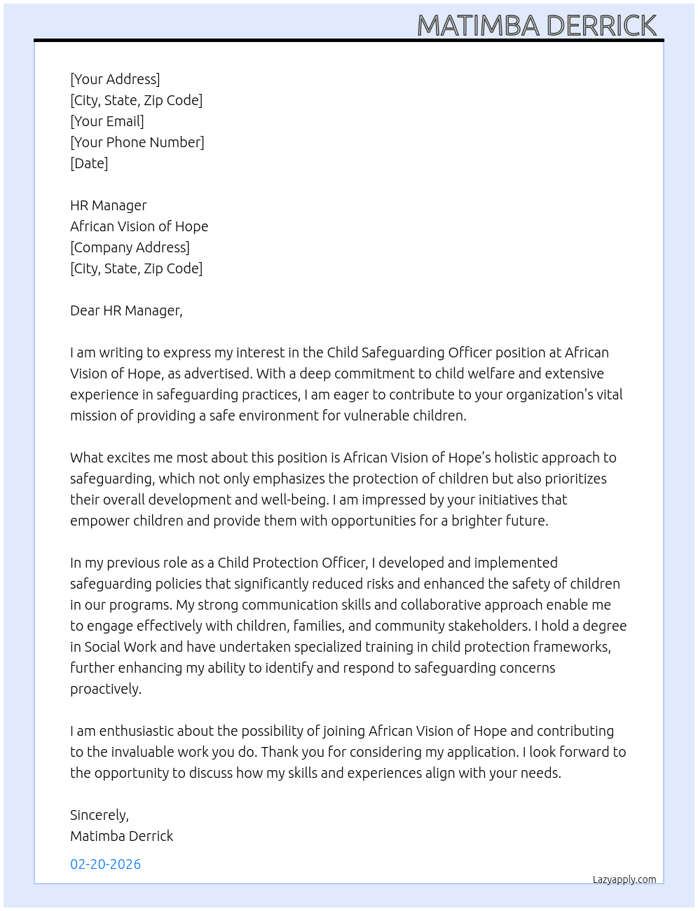 Child safeguarding officer  At African vision of hope  Cover Letter