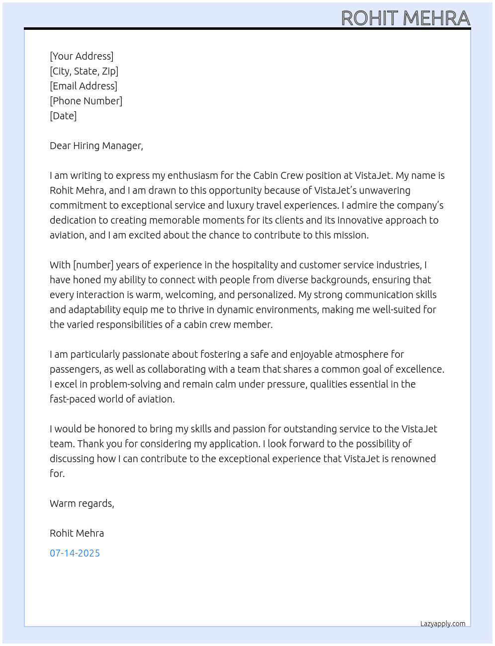 Cabin Crew  At VistaJet Cover Letter