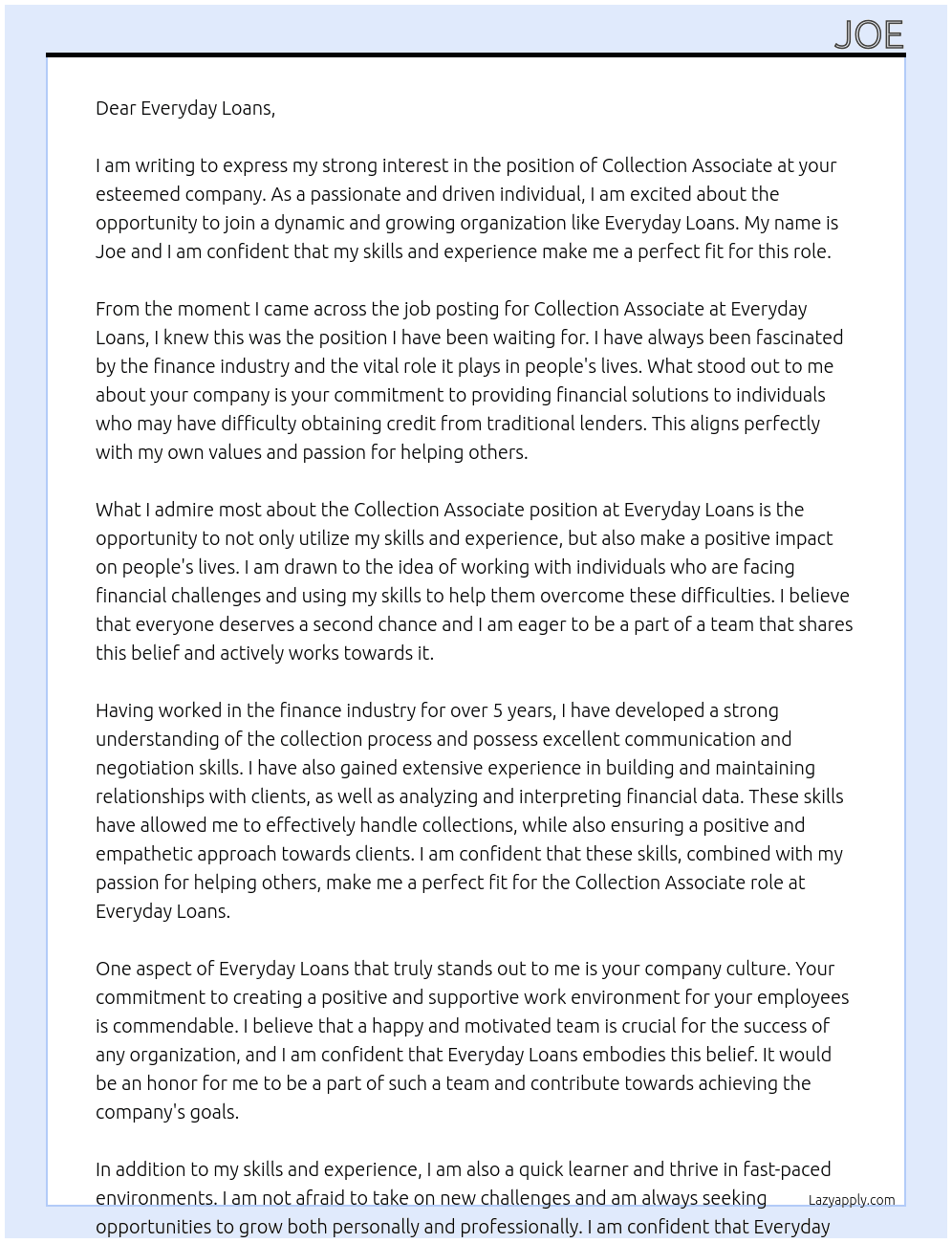 Collection Associate At Everyday Loans Cover Letter