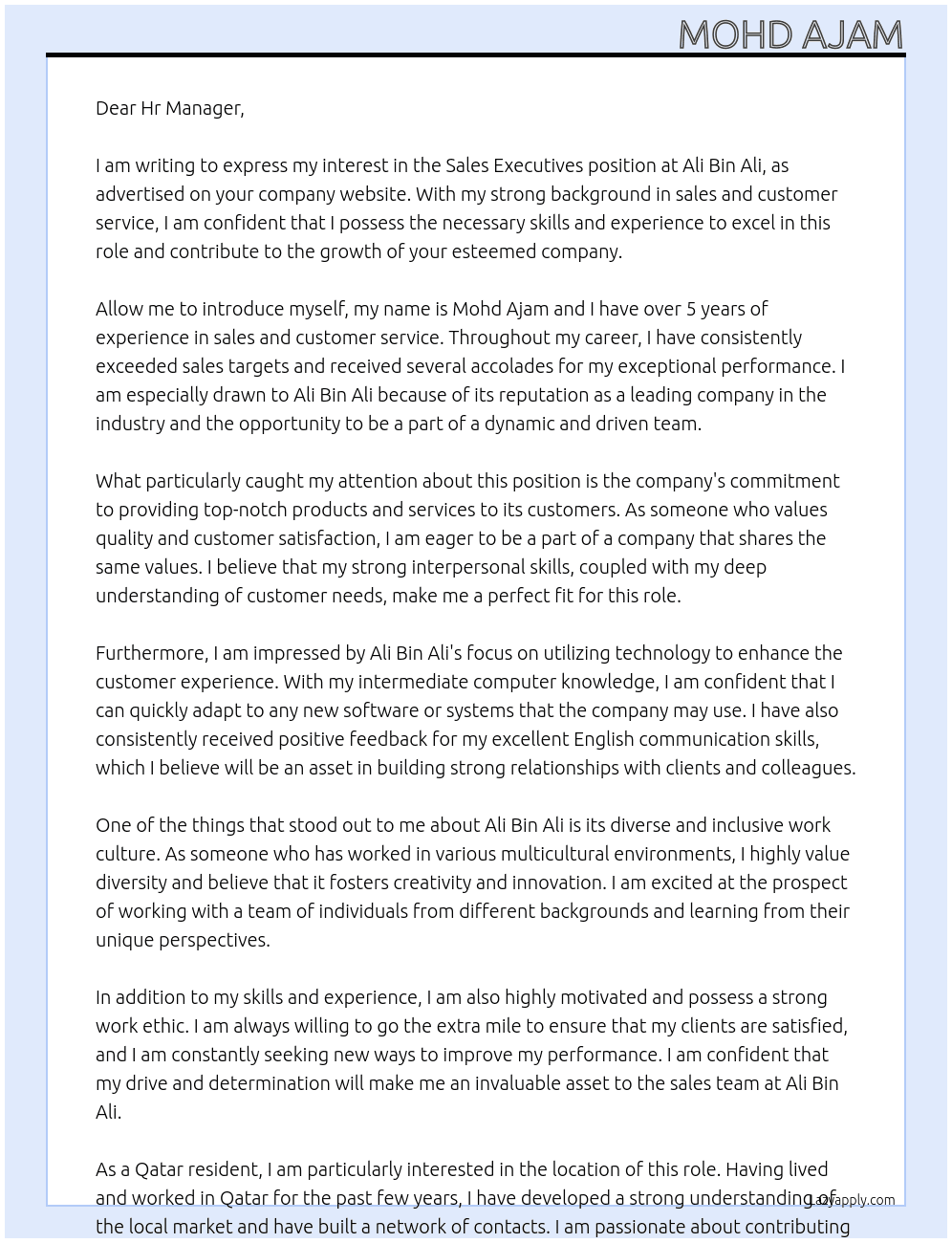 Sales Executives  At Ali Bin Ali Cover Letter