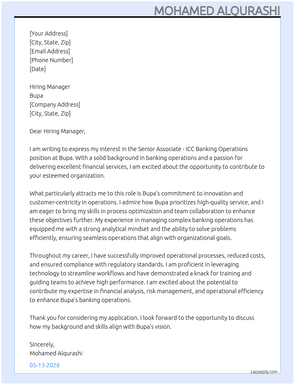 Senior Associate - ICC Banking Operations Job At Bupa Cover Letter