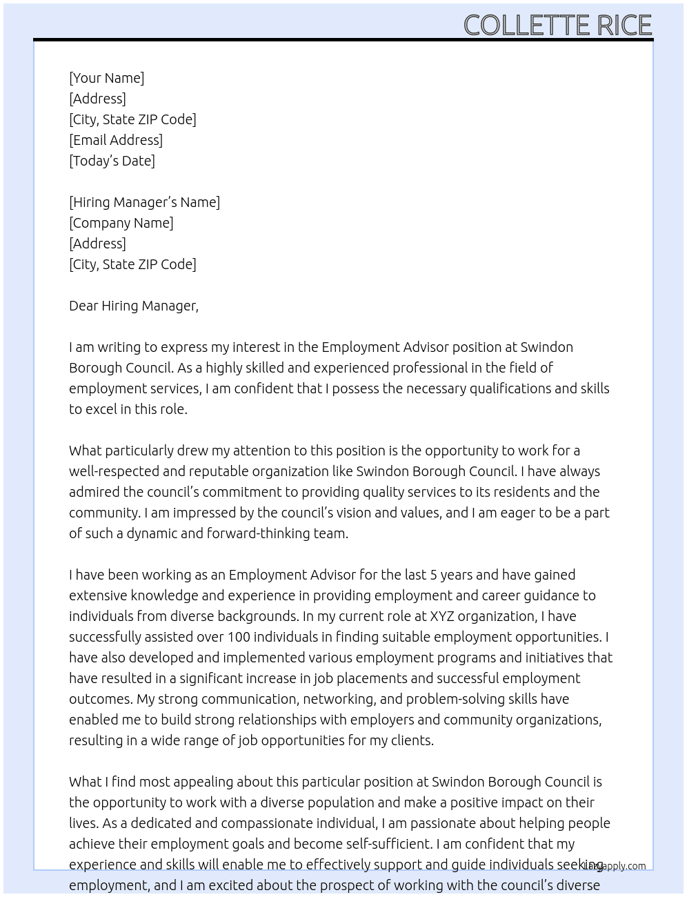 Employment Advisors  At Swindon Borough Council  Cover Letter