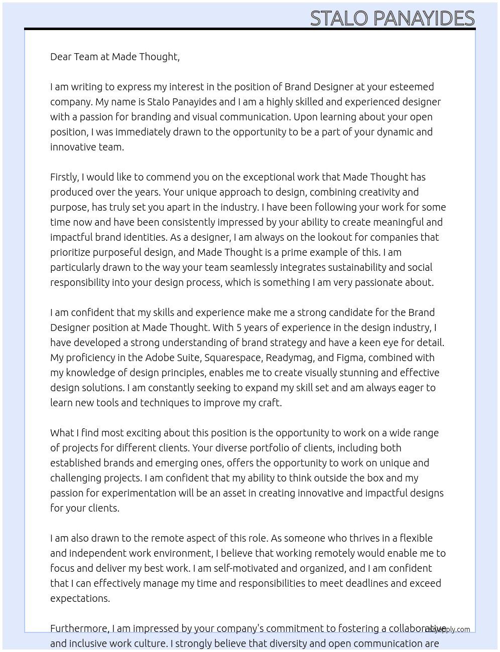 Brand designer At Made Thought Cover Letter