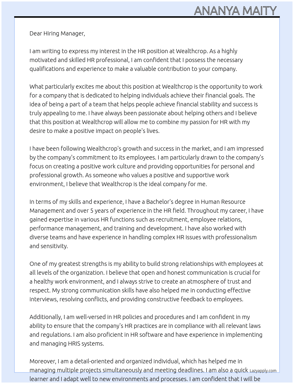 HR At Wealthcrop Cover Letter