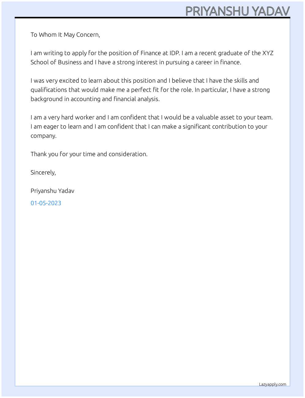 Finance At IDP Cover Letter