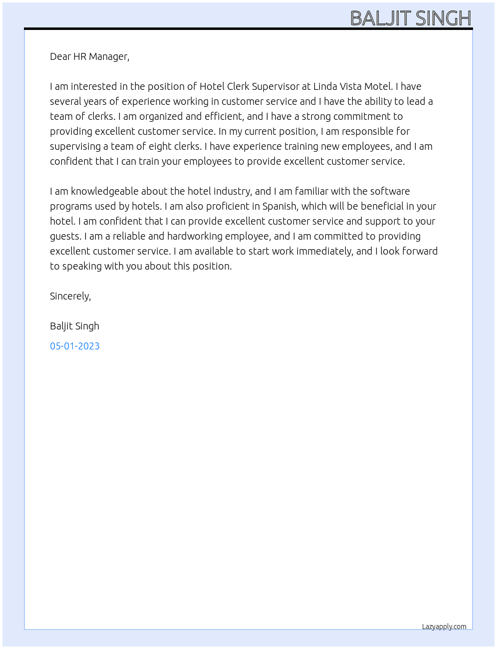 Hotel clerk supervisor  At Linda vista Motel Cover Letter