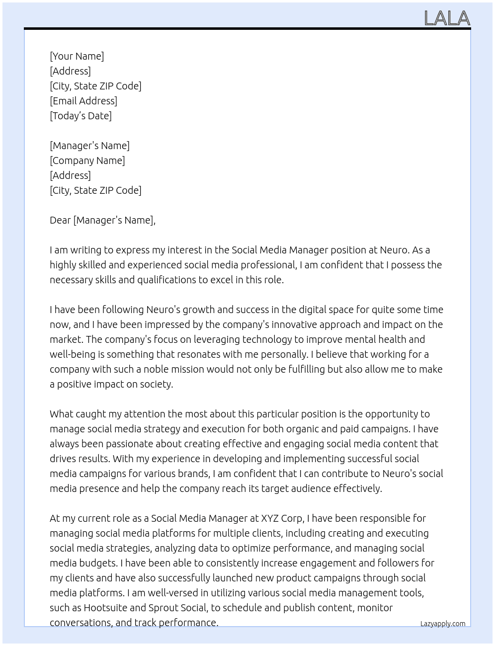 social media manager At Neuro Cover Letter
