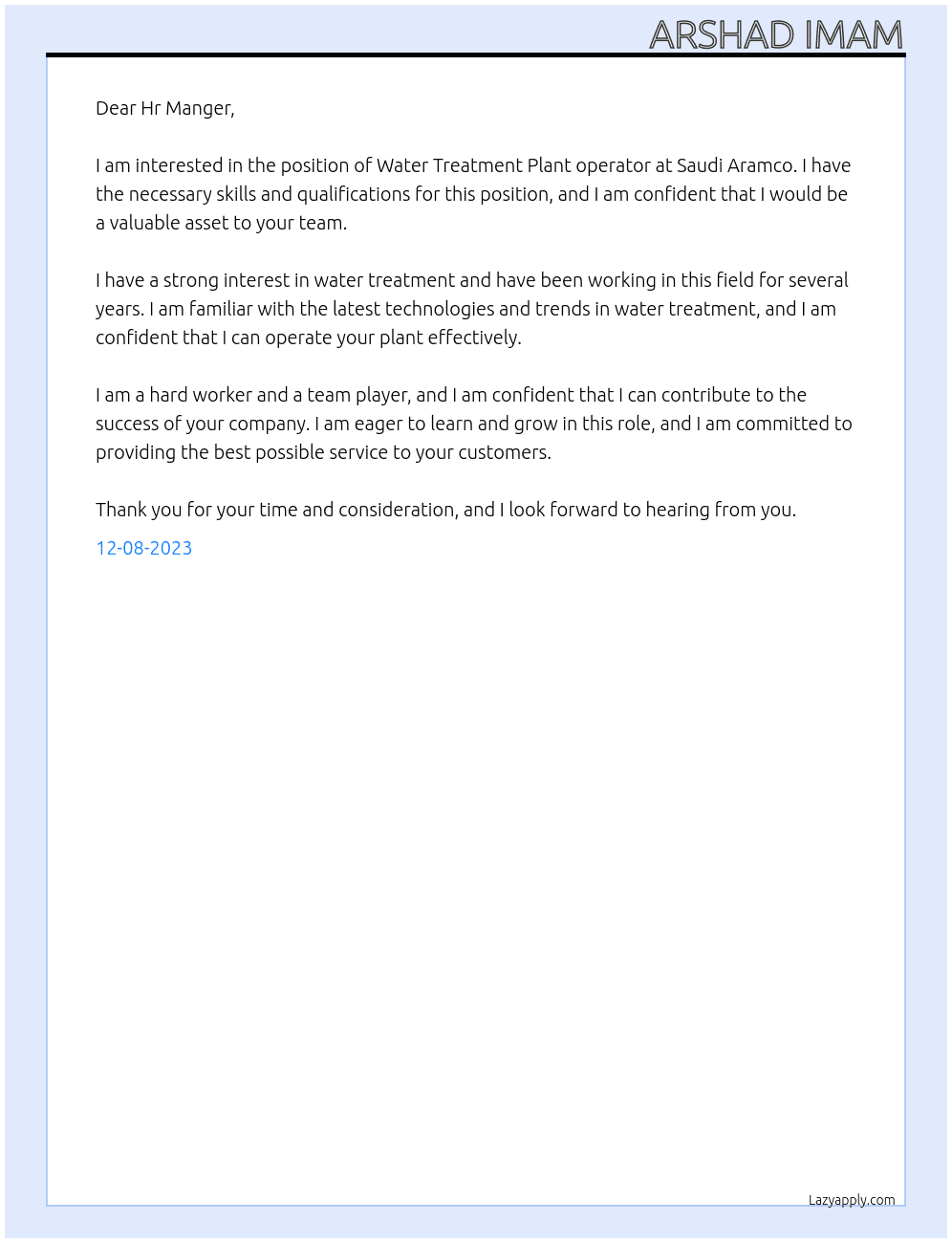 Water Treatment Plant operator At Saudi Aramco. Cover Letter