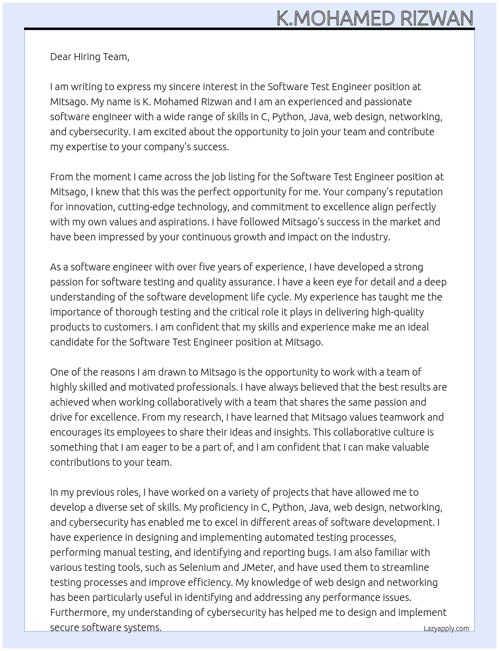 Software Test Engineer - At Mitsago Cover Letter