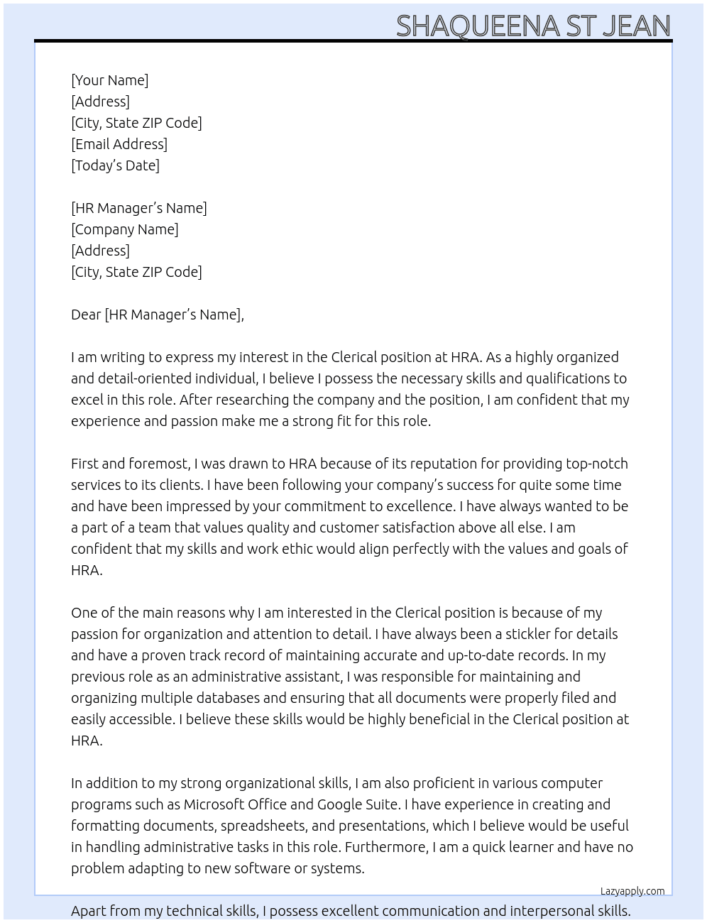 Clerical  At HRA  Cover Letter