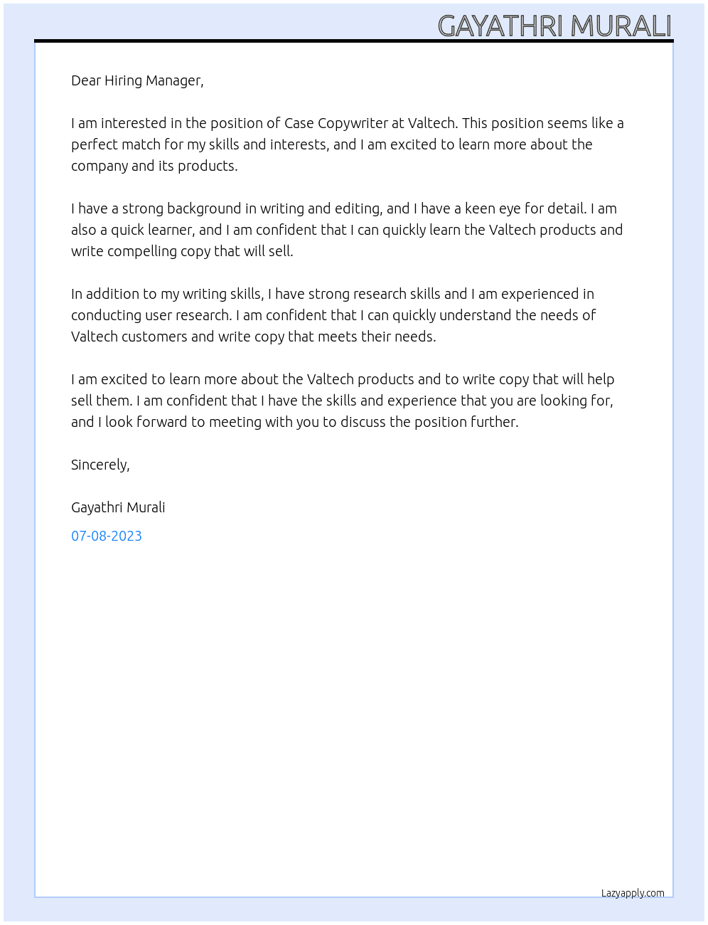 Case Copywriter  At Valtech Cover Letter