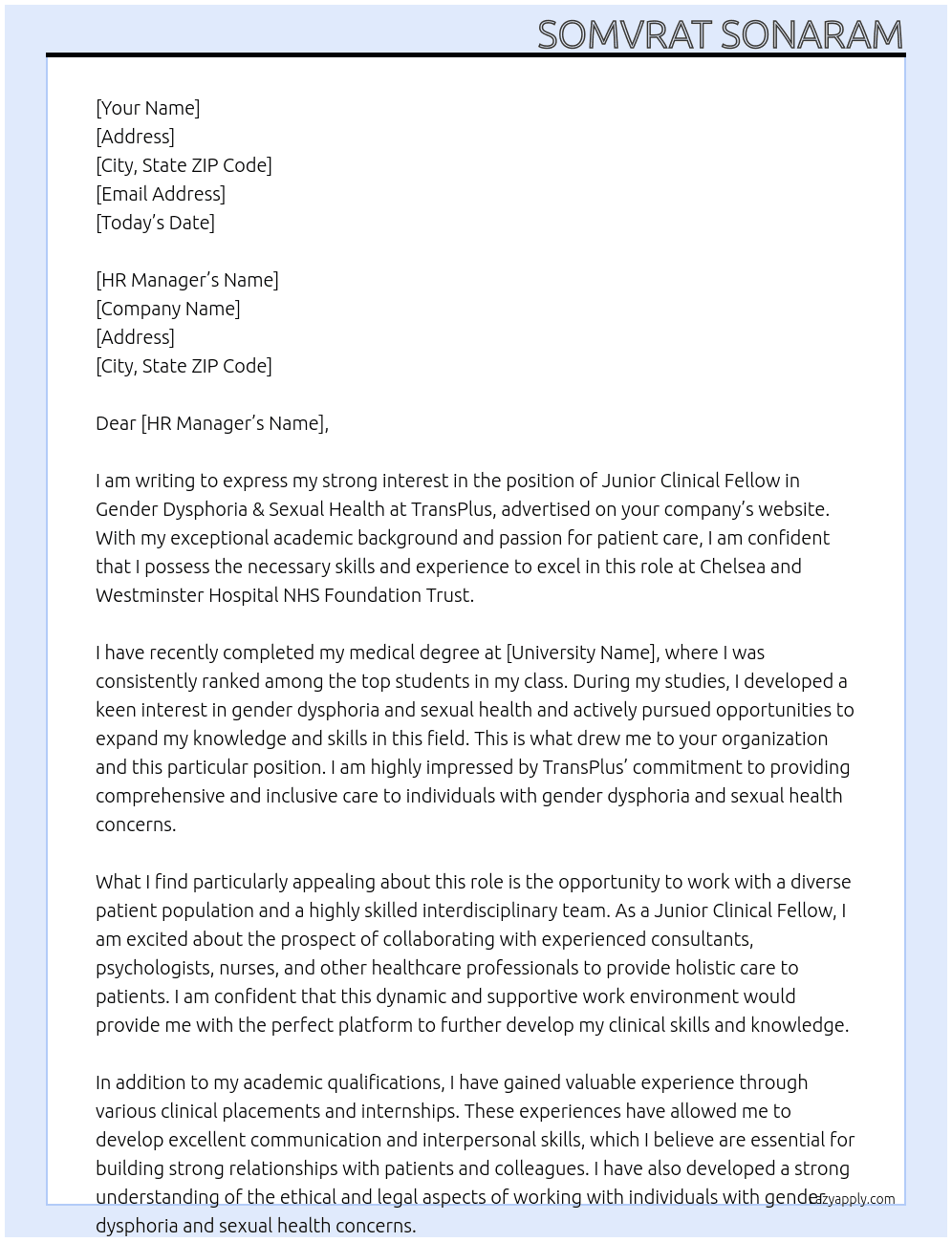 Junior Clinical Fellow in Gender Dysphoria & Sexual Health, TransPlus At Chelsea and Westminster Hospital NHS Foundation Trust Cover Letter