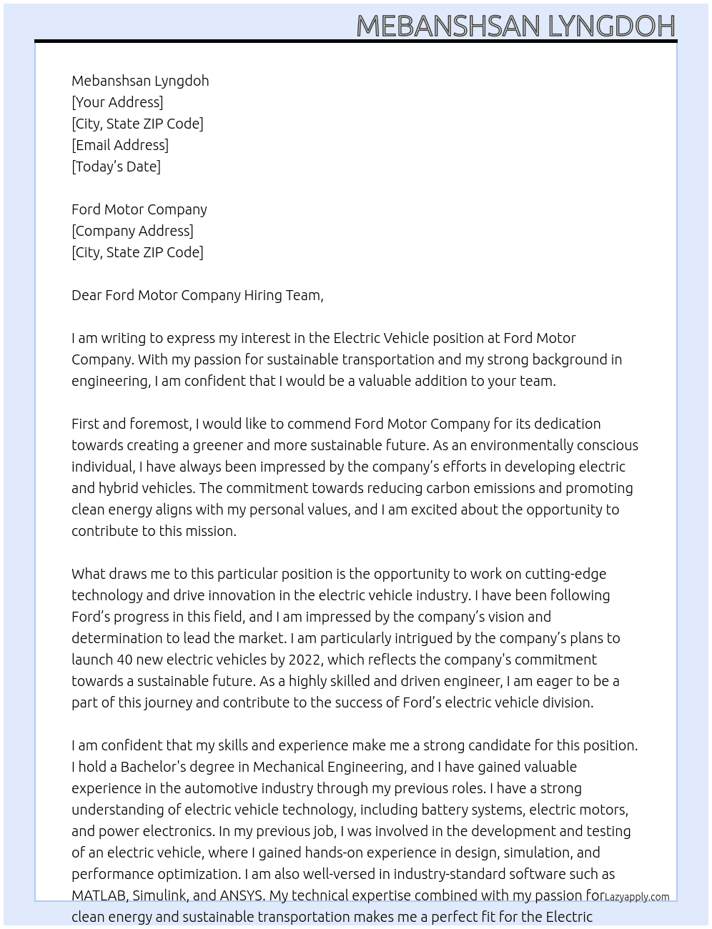 Electric Vehicle At Ford Motor Cover Letter