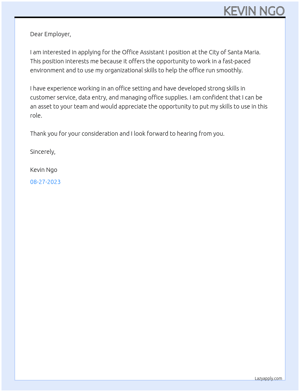 Office Assistant I At City of Santa Maria Cover Letter