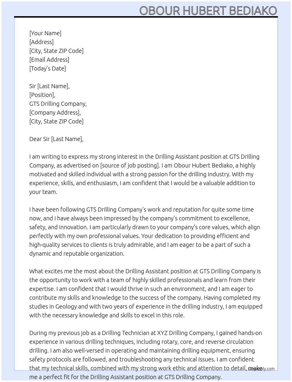 Drilling Assistant At GTS Drilling Company  Cover Letter