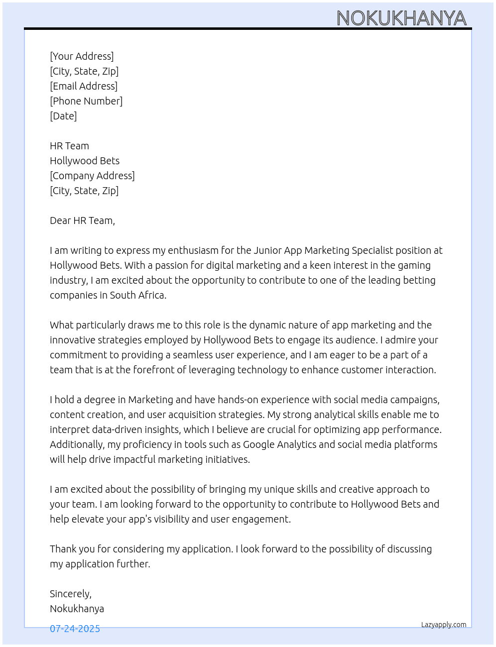 Junior App Marketing Specialist At Hollywood Bets Cover Letter