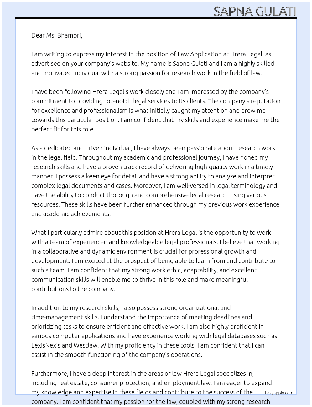 Law application At Hrera legal Cover Letter