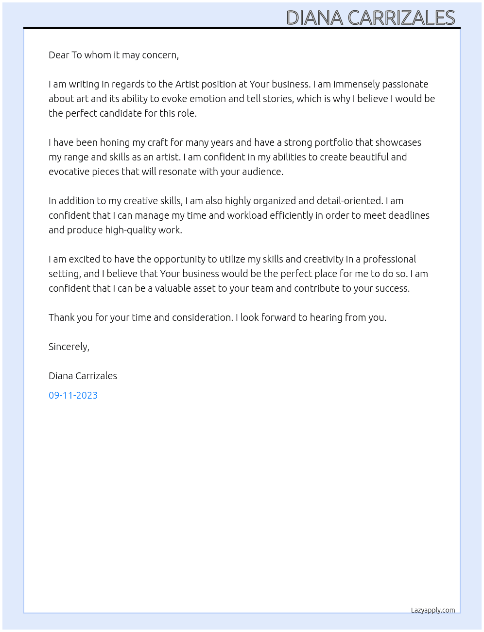 Artist At Your business  Cover Letter