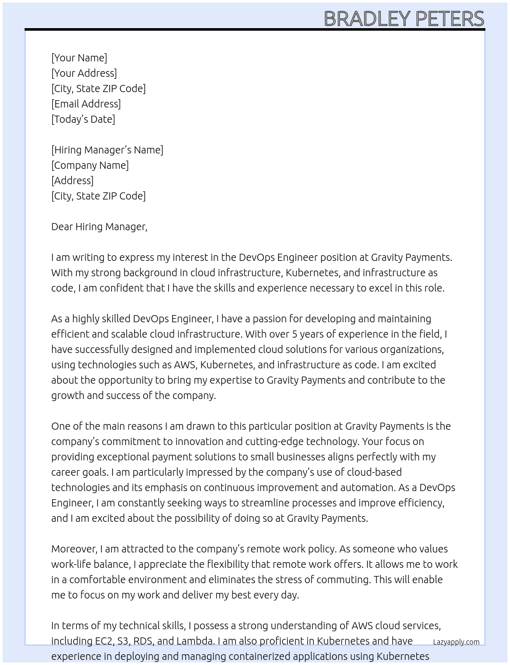 DevOps Engineer At Gravity Payments Cover Letter