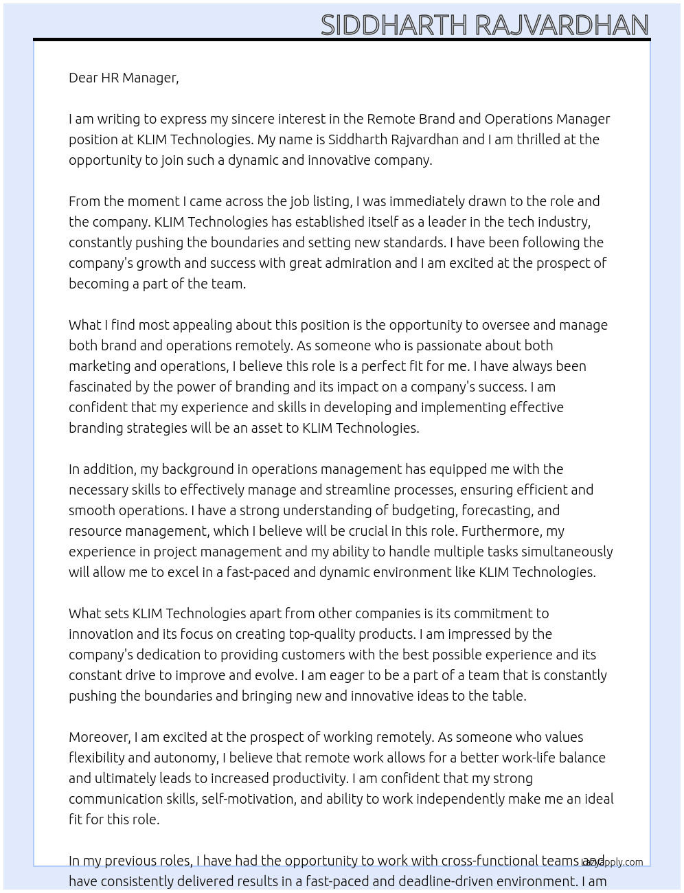 Remote brand and operations manager At KLIM Technologies Cover Letter