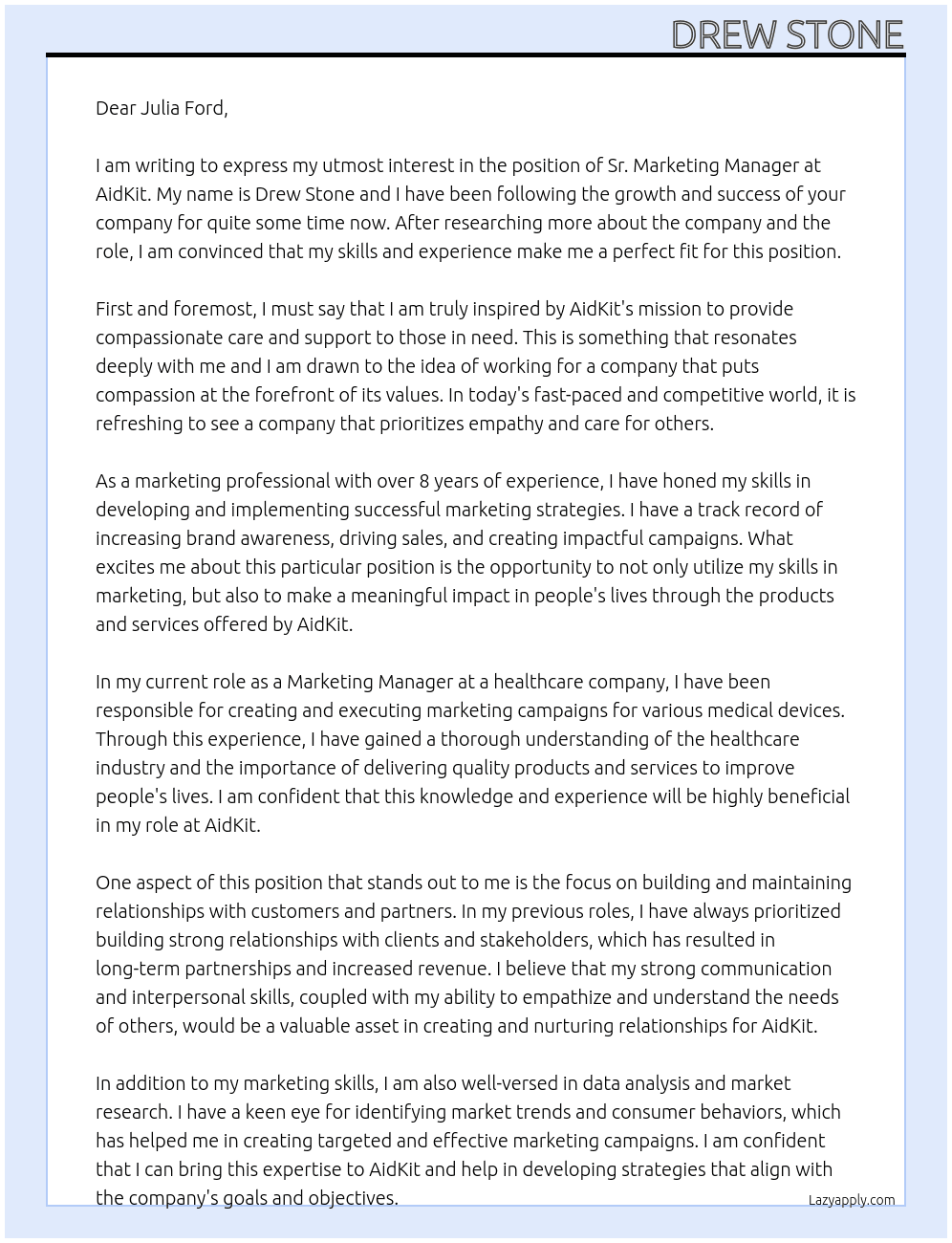 Sr. Marketing Manager At AidKit Cover Letter
