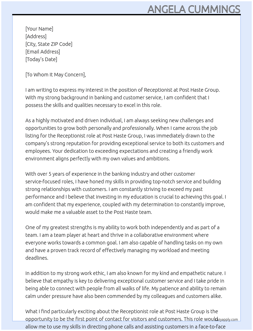 Receptionist At Post Haste Cover Letter