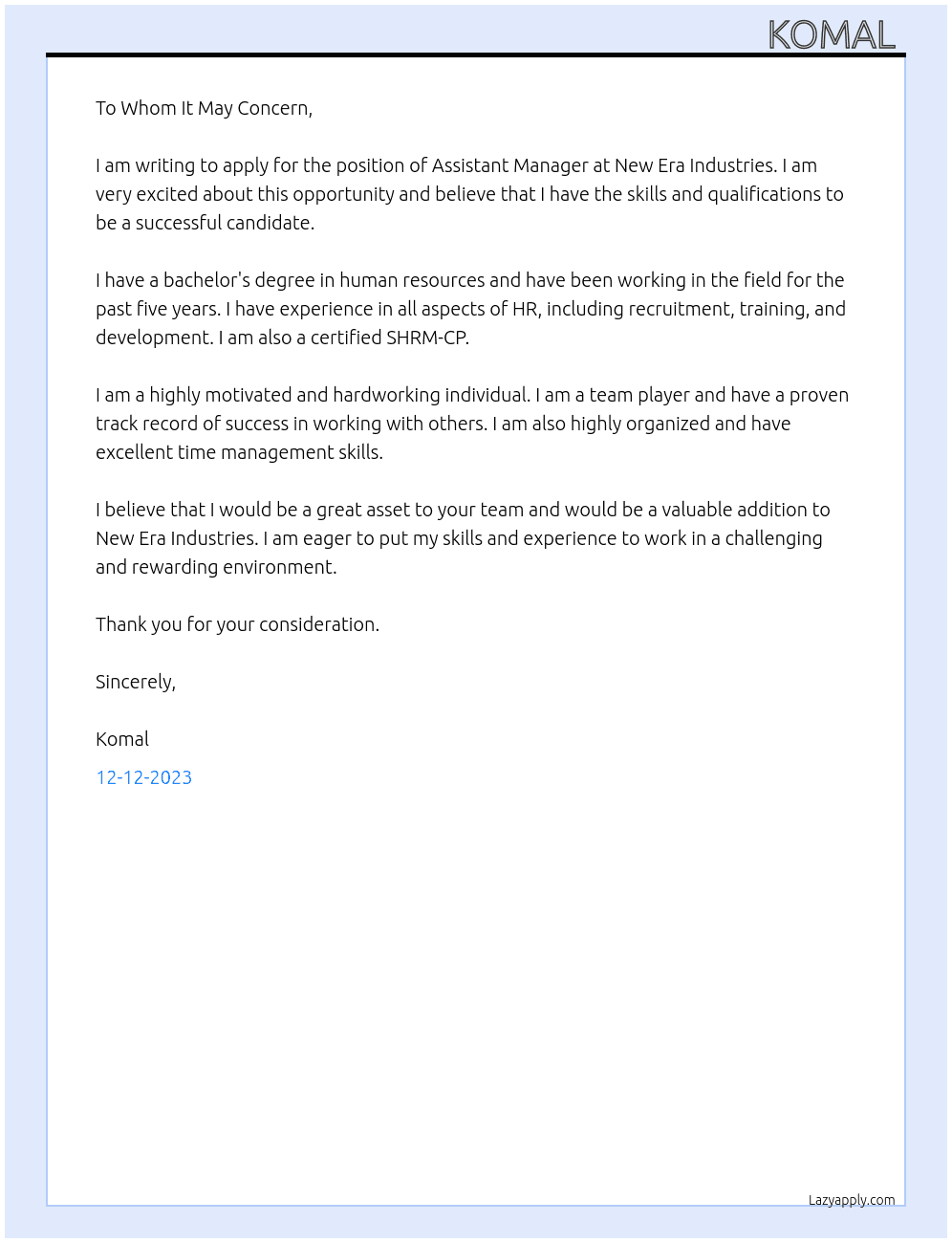 Assistant Manager  At New Era Industries  Cover Letter