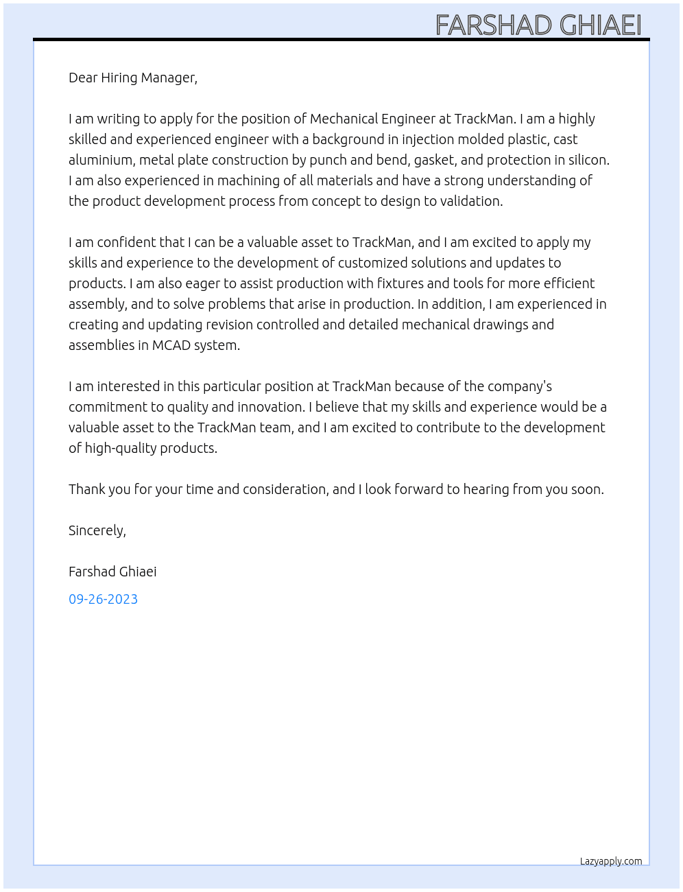 Mechanical Engineer At TrackMan Cover Letter