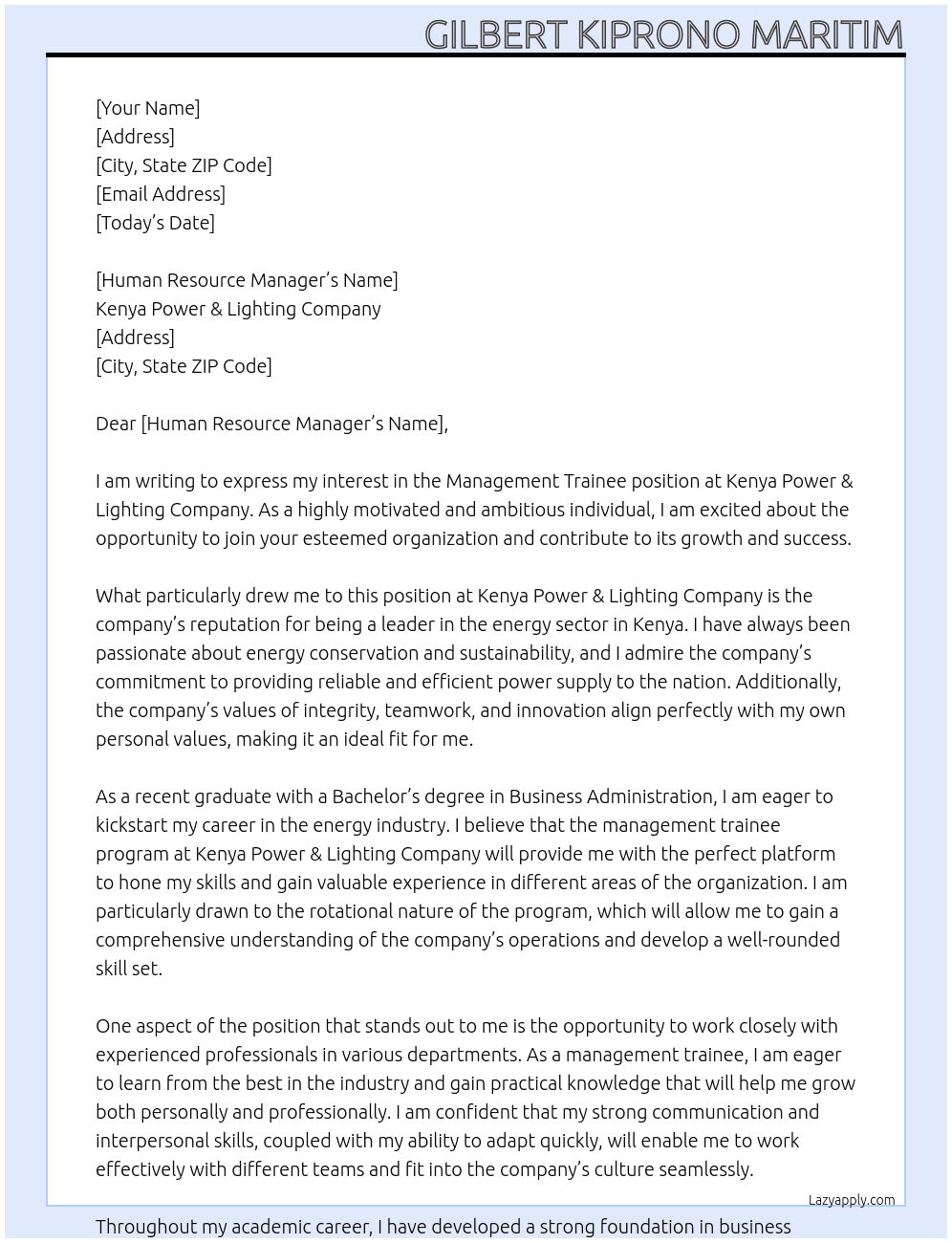 management trainee At kenya power &lighting company Cover Letter
