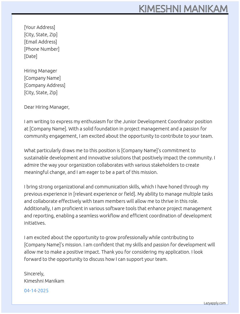 Junior Development Coordinator At Junior Development Coordinator Cover Letter