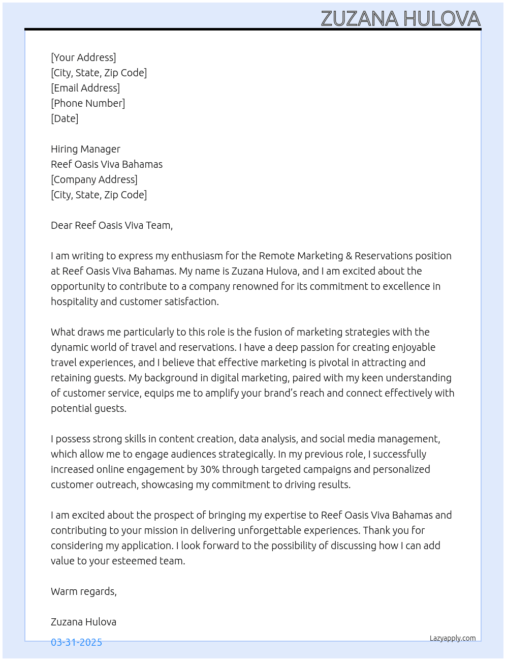 Remote Marketing & Reservations At Reef Oasis Viva Bahamas Cover Letter