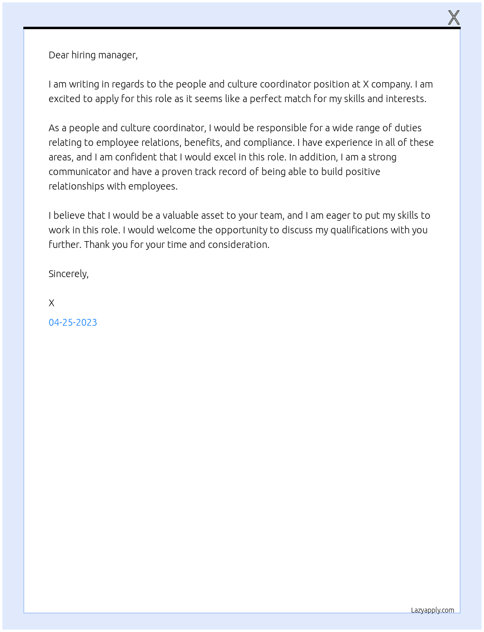 People and culture coordinator  At X Cover Letter