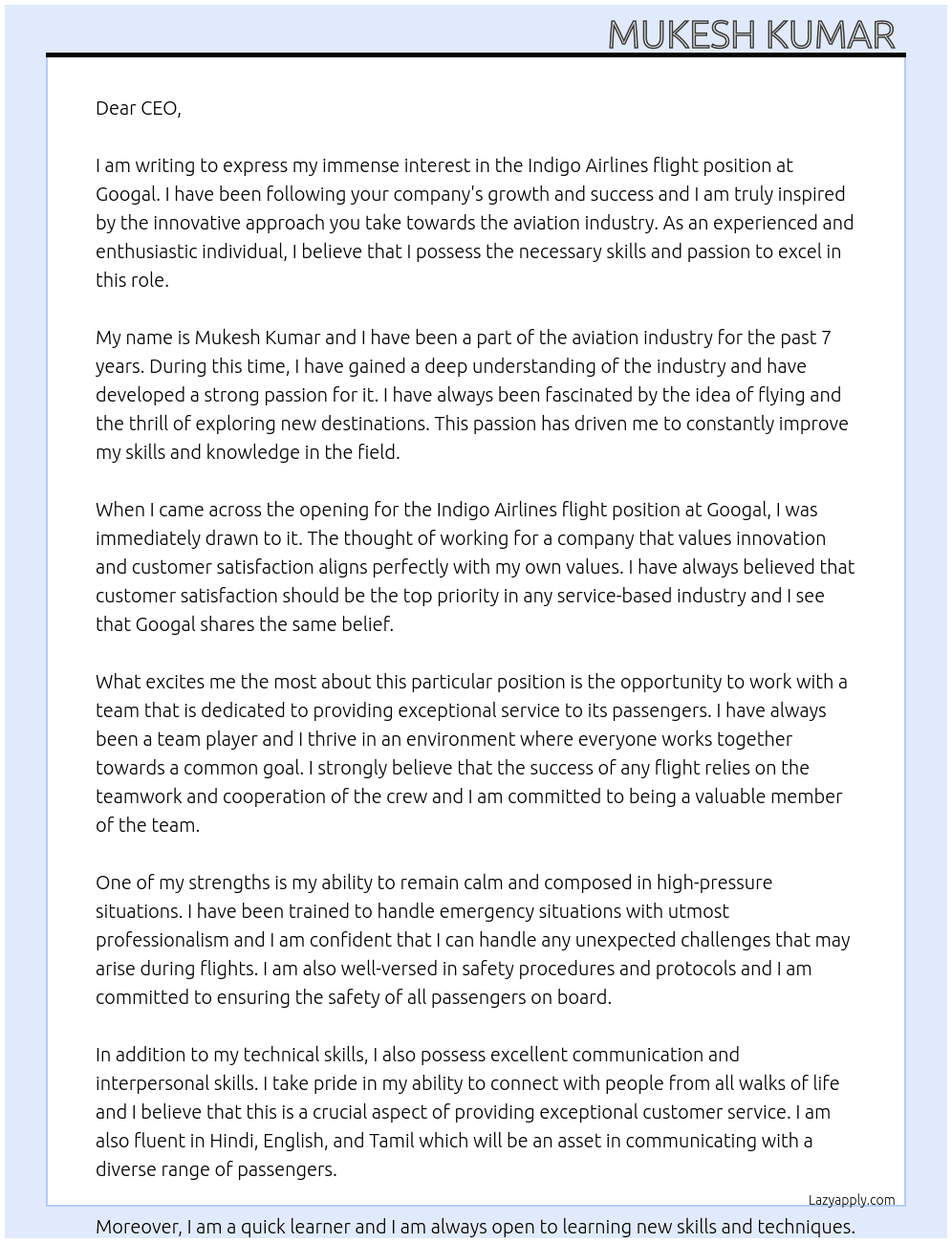 Indigo Airlines flight  At Googal  Cover Letter