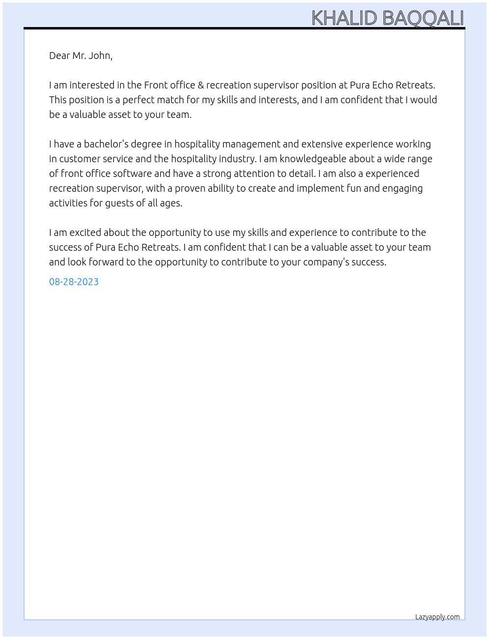 Front office & recreation supervisor At Pura Echo Retreats Cover Letter
