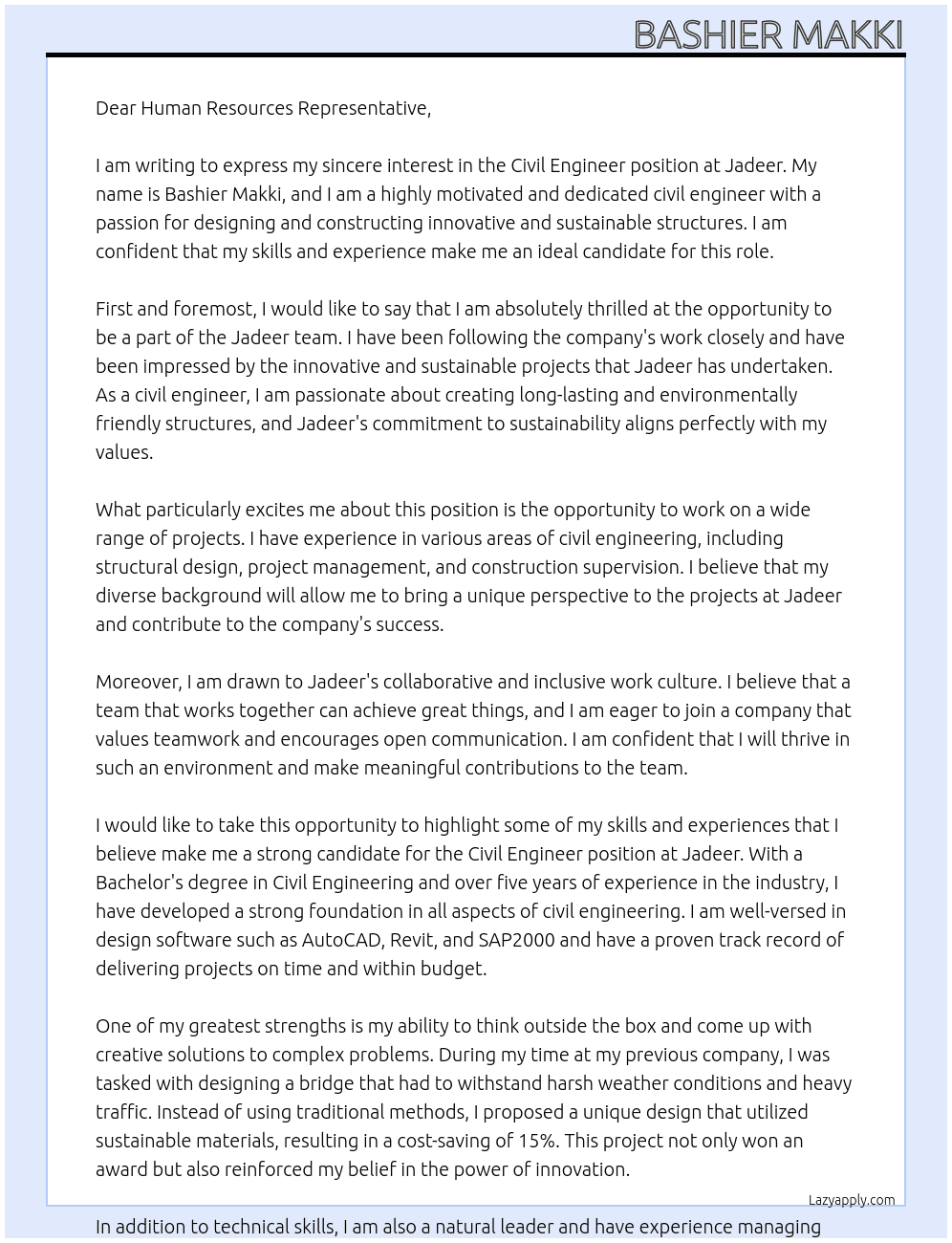 civil engineer At Jadeer Cover Letter