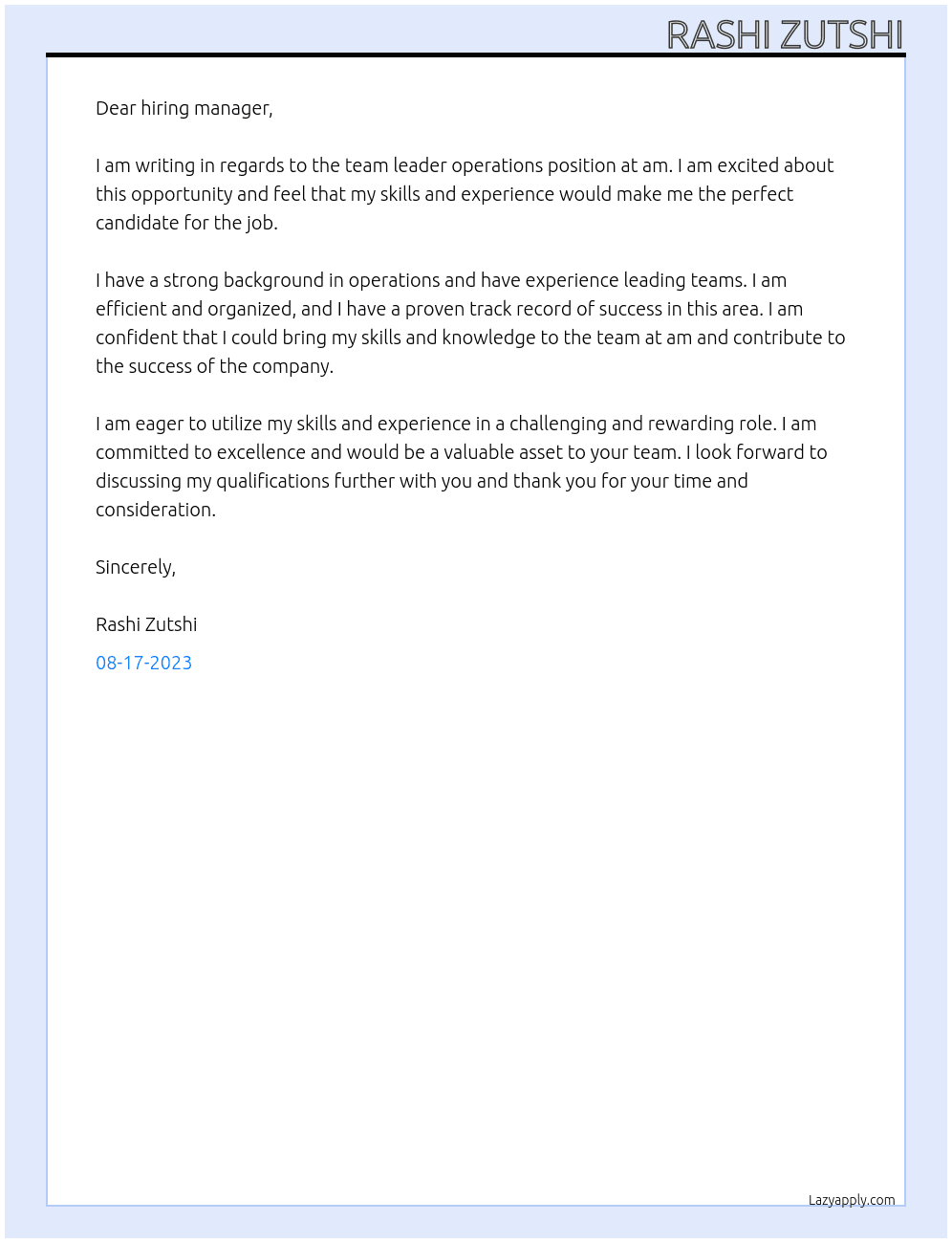 team leader operations  At am Cover Letter