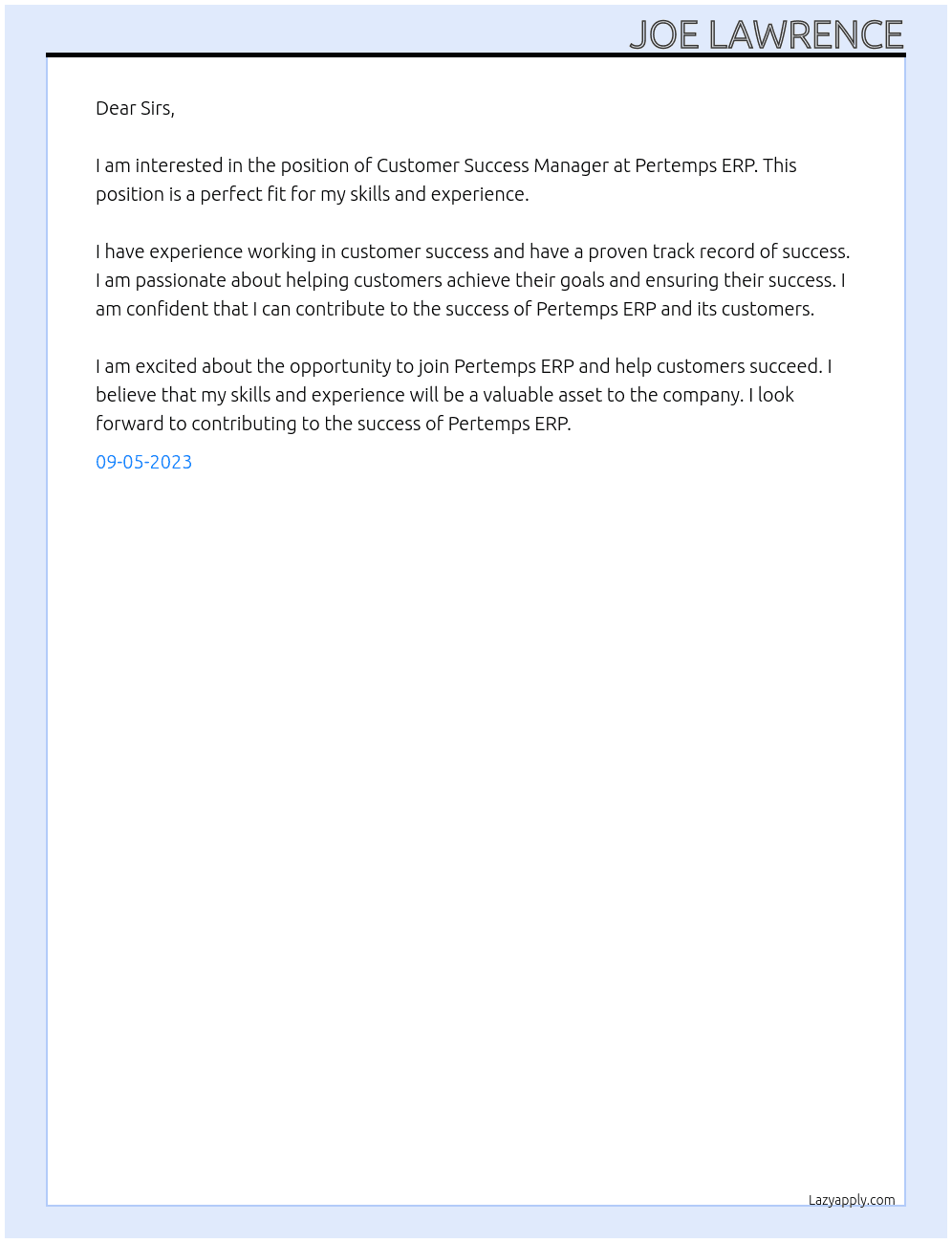Customer Success Manager At Pertemps ERP Cover Letter