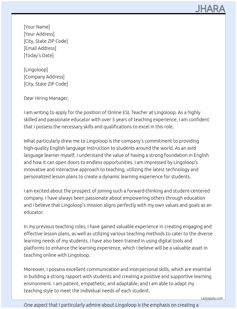 ONLINE ESL TEACHER At Lingoloop Cover Letter