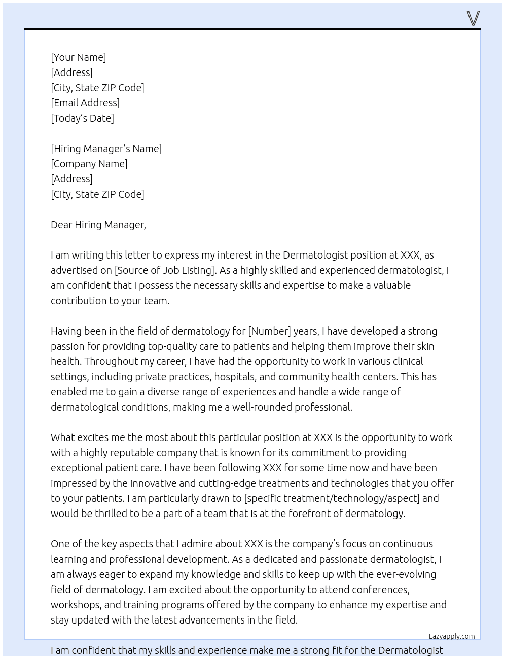 Cover letter for dermatologist - LazyApply