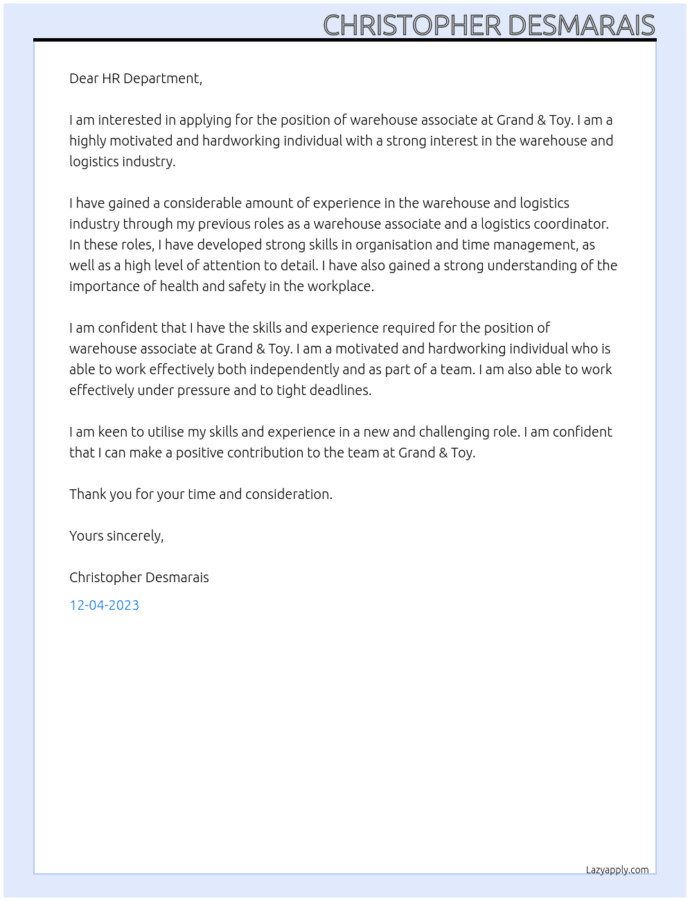 WAREHOUSE ASSOCIATE At Grand & Toy Cover Letter