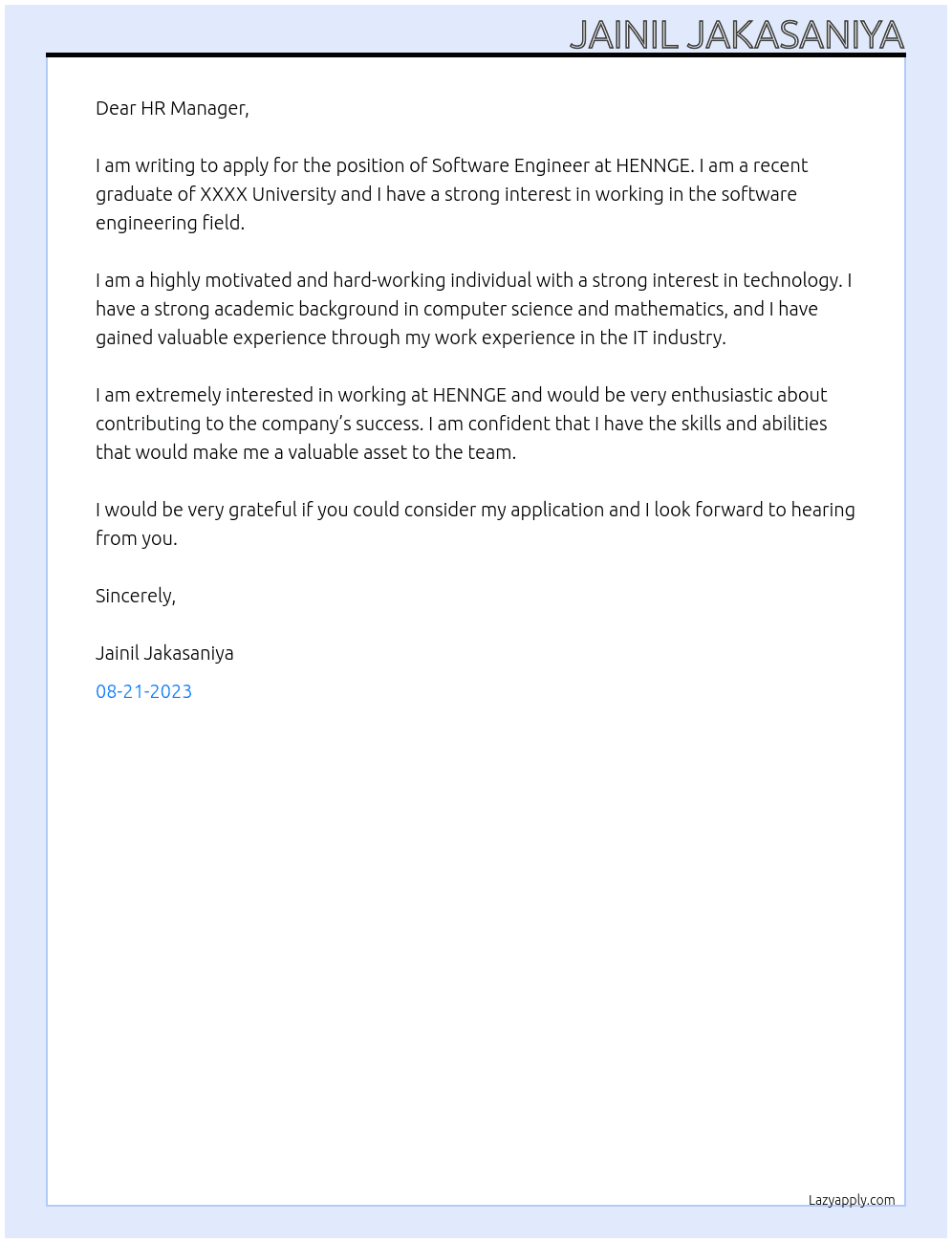 Software Enginner At HENNGE Cover Letter