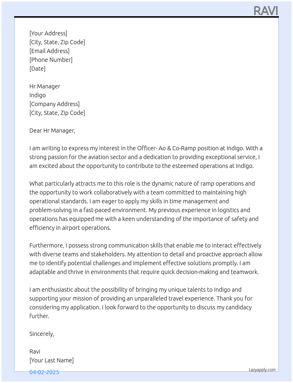 Cover letter for officer- ao & co-ramp - LazyApply