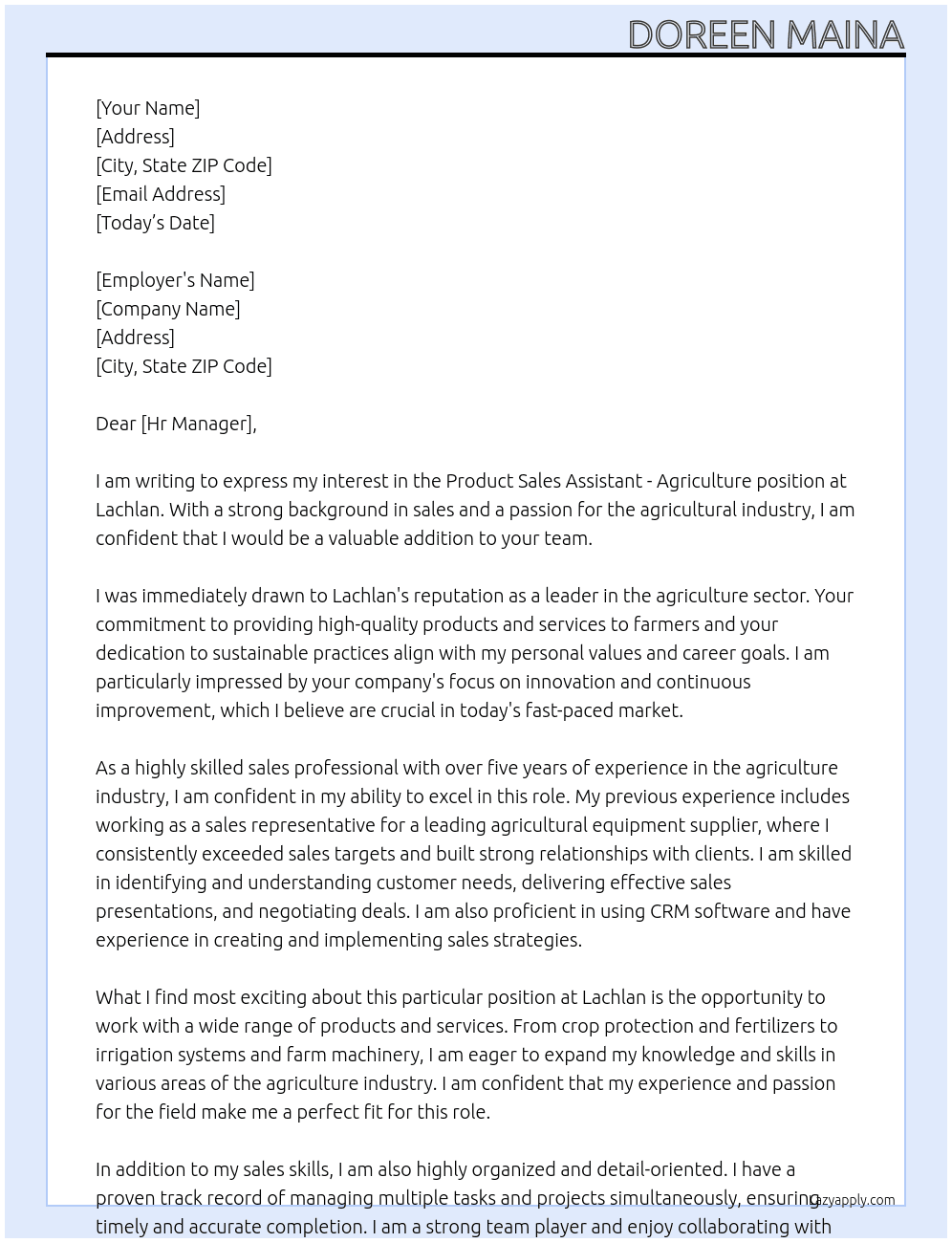 Product sales assistant  Agriculture  At Lachlan  Cover Letter